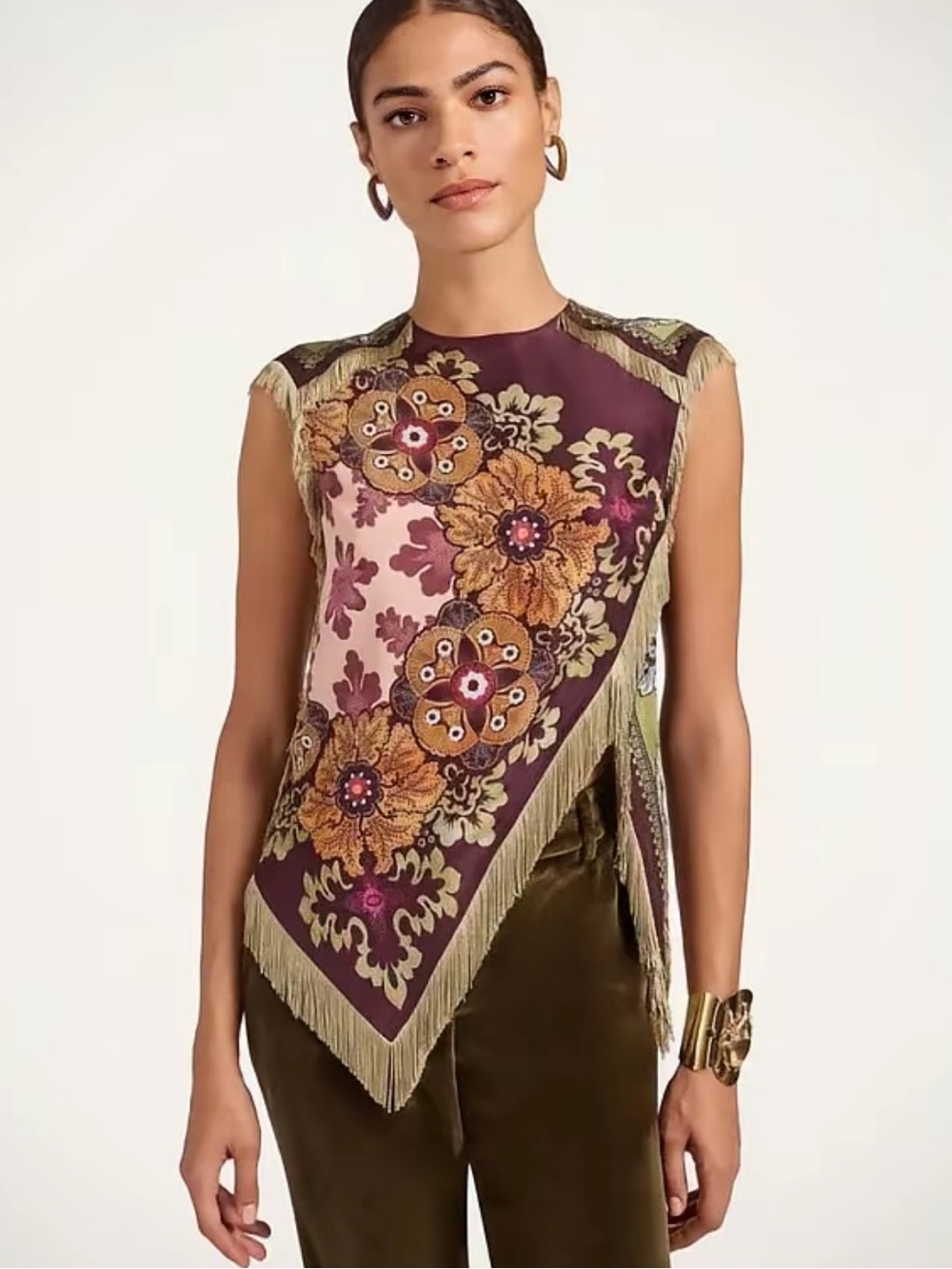 Multicolored satin floral print fringe top - Picture 2 of 4